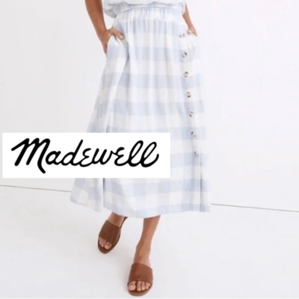 Madewell Light Blue Plaid Midi Skirt